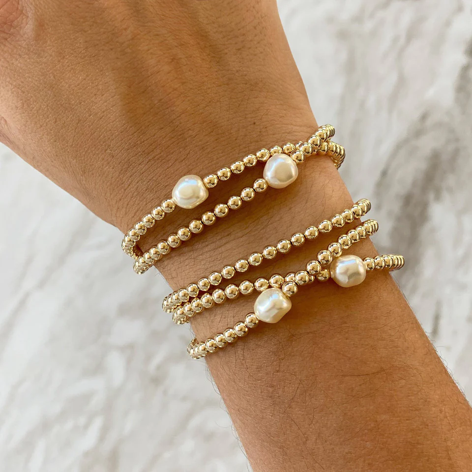 DG-21031603 Gold Stretch Beaded Bracelet with Pearl - Image 2