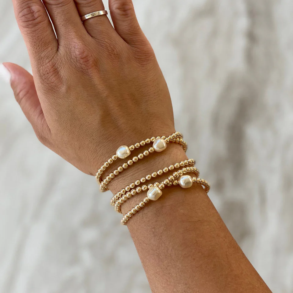 DG-21031603 Gold Stretch Beaded Bracelet with Pearl - Image 3